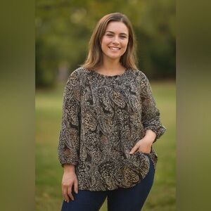 Style & Co. Brown and Tan 3/4 Sleeve Blouse with Peter Pan Collar
